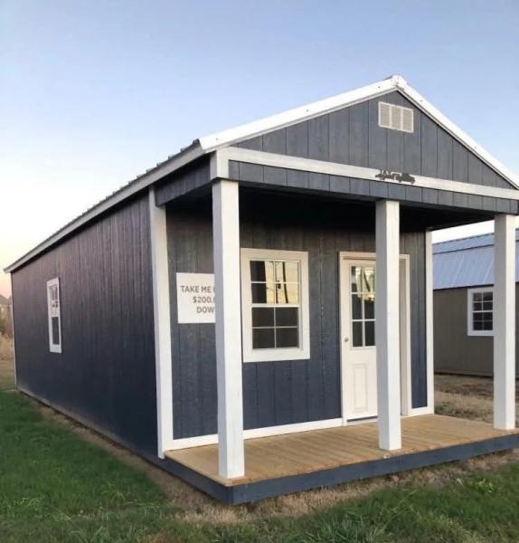 12'x32' Cabin with 
3 - 2'x3' Aluminum Windows  
1 - 9-Lite Door
Pay the down payment of $300.00 and we will deliver it for free within 50 miles of the Jonesboro lot.