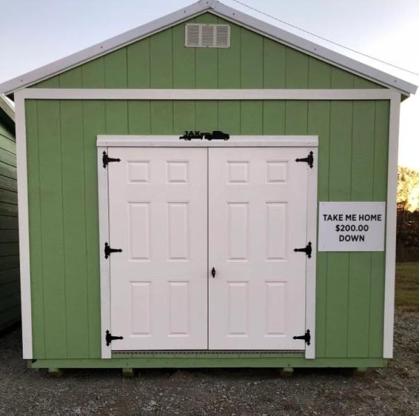 12'x16' Garden Shed with
1 - 6' Double Fiberglass Door
Pay the down payment of 200.00 and we will deliver it for free within 50 miles of the Jonesboro lot.