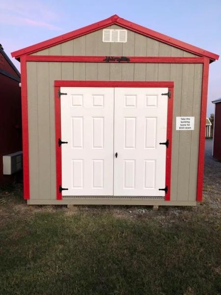 10'x12' Garden Shed with
6' Double Fiberglass Door
This building has a low down payment of $100.00. After the deposit is made we offer free delivery up to 50 miles from the Jonesboro lot.