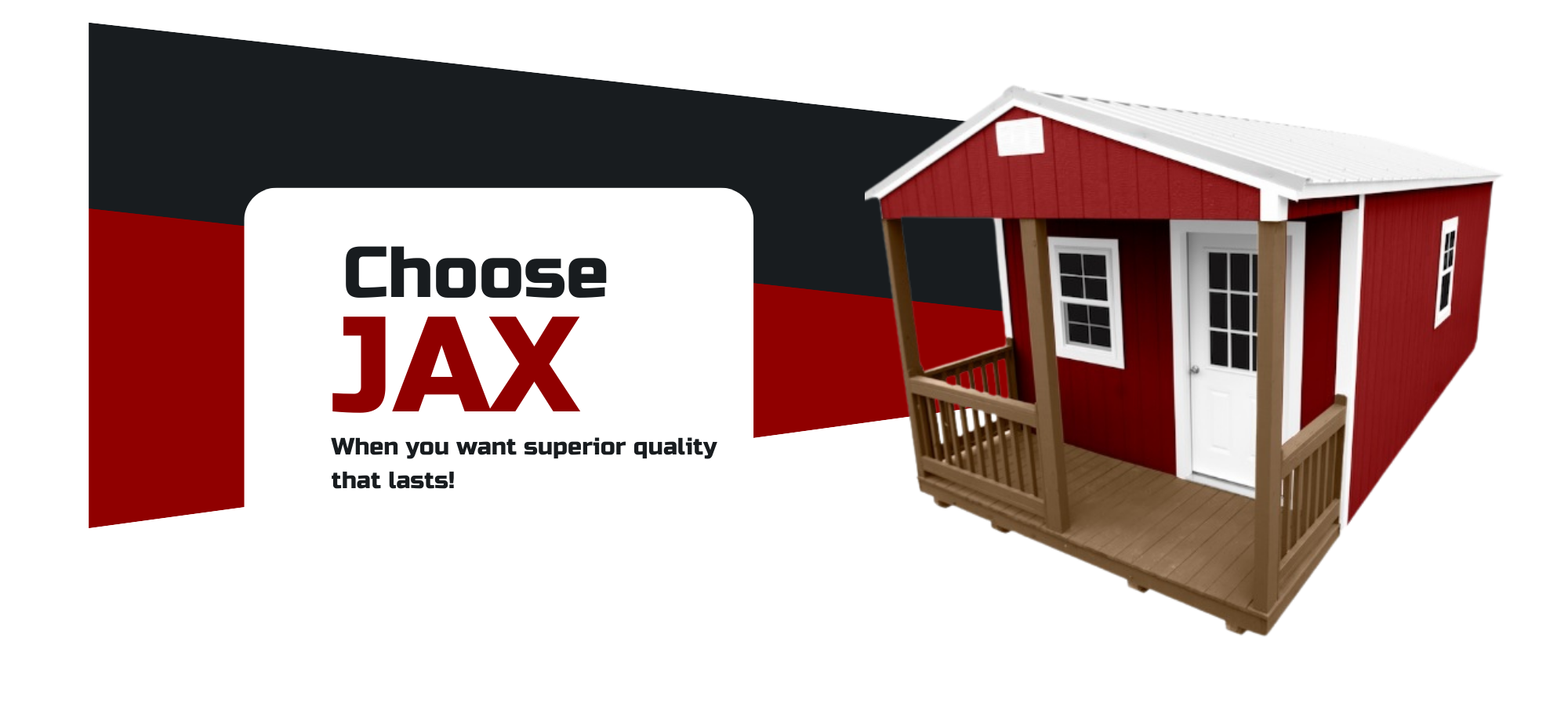 Graphic featuring a red cabin with a porch 